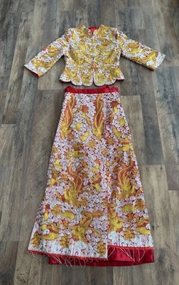 Captivating Chinese Vintage Metallic Silk Jacket & Skirt w/ Phoenix & Dragons - Image 1 of 4