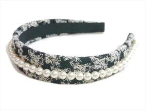 Authentic CHANEL Headband, tweed, pearl, Coco mark Canvas #9754 - Picture 1 of 9