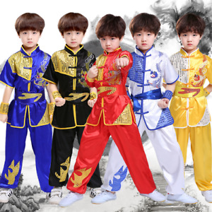 Ensemble de vêtements chinois enfants paillettes dragon broderie tai-chi kung-fu uniformes
