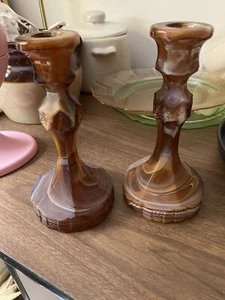 Hellbraun Schlacke Glas 71/2" Imperial USA Paar Kerzenständer Kegelkerze - Bild 1 von 3