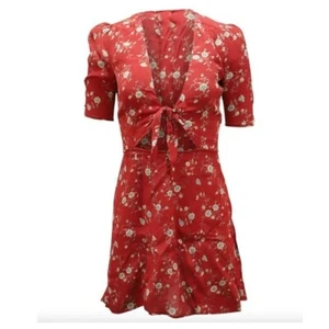Reformation Women Grace Floral Front Tie Mini Dress in Red Viscose Size 0 - Picture 1 of 7