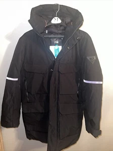 NWT Point Zero Men’s Medium Black Hooded Long Puffer Jacket Heart Retention - Picture 1 of 9
