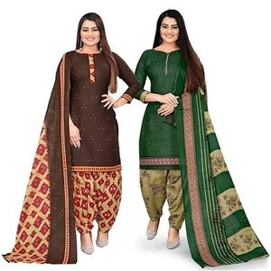 Women's Brown & Green Cotton Printed Unstitched Salwar Suit Material (Set of 2)  - Picture 1 of 5