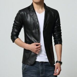 Men's Lapel Blazer PU Leather Jacket Slim Fit Casual 5 Colors Coat Spring Thin