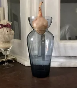 antik Art Déco Glasvase Hyazinthenglas Vase Zwiebelglas Glas blaugrau gerippt - Bild 1 von 14