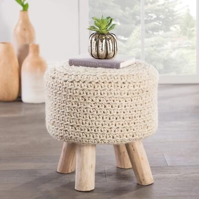 Solid Pattern Bleached Sand Wool 16-inch Pouf Brown Bohemian Eclectic Round - Image 1 of 3