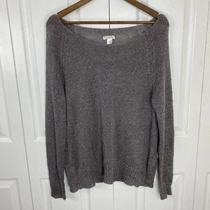 Garnet Hill Size M Glitter Sweater Pullover Gray Metallic Linen Blend Scoop Neck - Picture 1 of 7