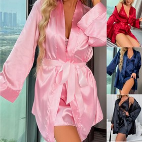 Women Sexy Lingerie Set Babydoll & Lace Satin Kimono Robe Chemise Nightgown US