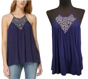 Top Cami Rebecca Taylor Tachonado Viscosa Cuentas Talla 0 Azul Marino $250 - Imagen 1 de 11