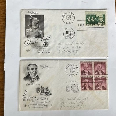 Lot~2 US first day cover FDC~#1135~4c~Dental health~1959+#1138~Ephraim McDowell - Image 1 of 4