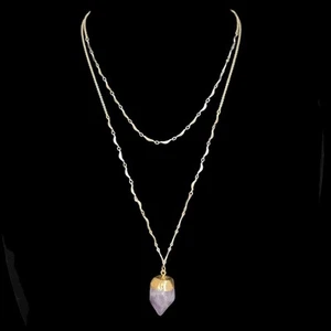 Express Faux Amethyst Necklace Double Strand Purple Raw Pendant Gold-tone Boho - Imagen 1 de 6