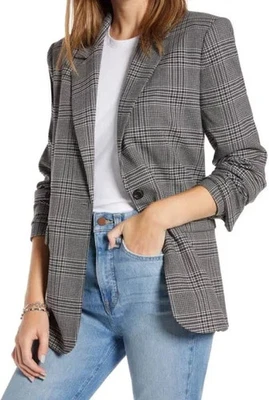 NUEVA Chaqueta Blazer Something Gris Marino A Cuadros Slouchy Para Mujer XS Solapa Estrecha Foto 1 de 4