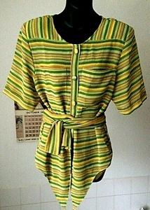 vintage 1980's Jaques Vert ~ fine green/yellow tie front blouse ~ UK 14 - Picture 1 of 9