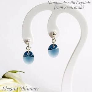 925 SILVER Stud Earrings with Swarovski®️ 12mm Montana Small Oval Crystals. Gift - Picture 1 of 3