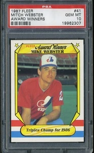 1987 Fleer Award Winners MITCH WEBSTER PSA 10 Gem Mint Card #41 POP 3 Expos - Picture 1 of 2