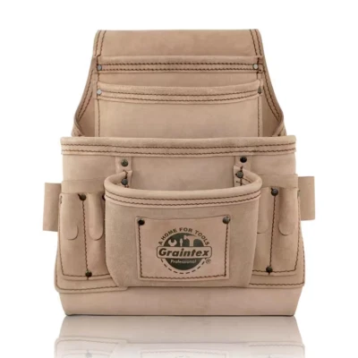 GRAINTEX 10-Pocket Beige Top-Grain Leather Nail & Tool Pouch – Durable & Spacious