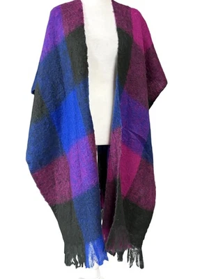 Nasharr Wool Blend Plaid Poncho Womens One Size Purple Blue Fringe Ruana Japan - Image 1 of 4
