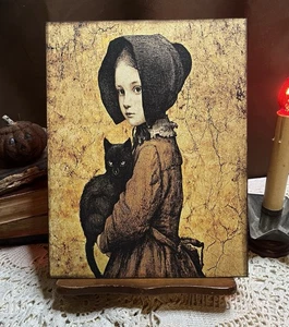 Bonnet Girl, Black Cat, Folk Art, Primitive Handcrafted Plaque / Sign - Picture 1 of 3
