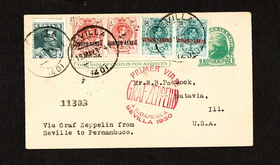 1930 ESPAÑA GRAF ZEPPELIN Postal Sevilla a Pernambuco SERIE PC MUNDIAL Foto 1 de 2