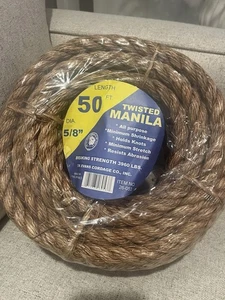 50 Fuß 5/8 Zoll verdrehtes Manila Seil - 3960 Pfund Bruchfestigkeit TW Evans Cordage Co - Bild 1 von 4