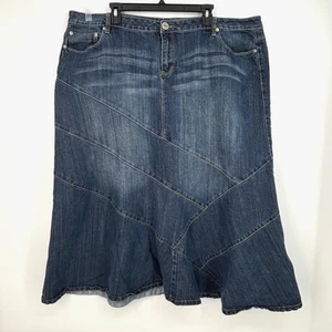 Mwah Womens Size 24W Midi Skirt Blue Denim Five Pocket Seamed Patchwork VTG Y2K - Picture 1 of 9