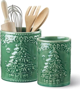 Juego de 2 Porta Utensilios Árbol de Navidad, 7.4"+5.4" Cerámica para Cocina - Imagen 1 de 8