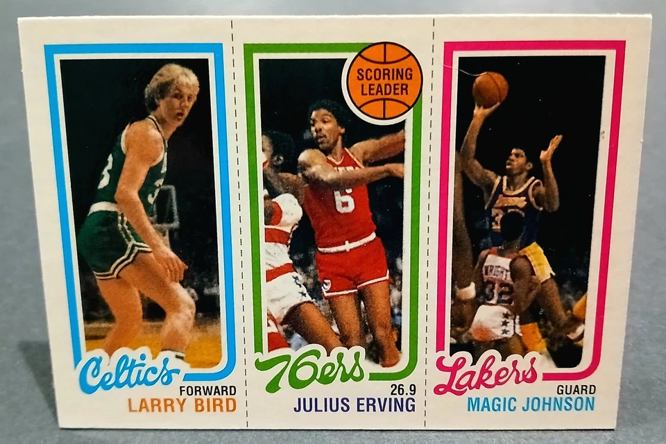1980-81 Topps Reimpressão- Magic Johnson, Larry Bird, Julius Erving #139-174-34 (RC) - Imagem 1 de 2