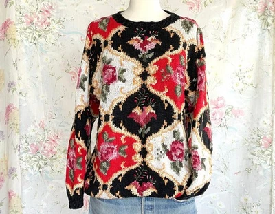 Suéter Vintage Cristal Kobe M Rosas Floral Algodón Ramio Multi Años 80 Cottage Grann Foto 1 de 4
