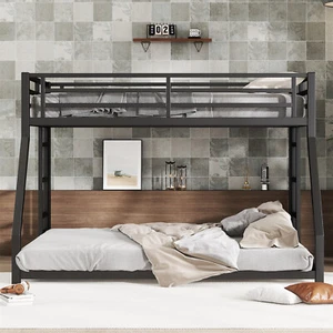 Full XL Over Queen Bunk Bed Heavy Duty Metal Bunk Bed Frame with Ladder Black - Picture 1 of 9