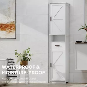 69" Tall Bathroom Storage Cabinet with 2 Barn Doors & Drawer Adjustable Shelves - Picture 1 of 12