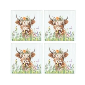 Set sottobicchieri in vetro mucca Highland - corona di fiori biondi regali fattoria - Foto 1 di 2