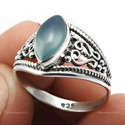 Calcedonio Gemma Argento Sterling Massiccio Lunetta Cocktail a Mano Ring Size 7 - Immagine 1 di 4