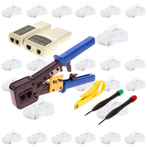 RJ45 Cat5e Crimp Tool Kit with End Pass-Through Plug Connectors & Cable Tester - Picture 1 of 12