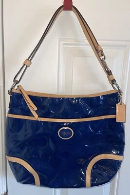 Coach Peyton Shoulder Purse Navy Blue Patent Leather Medium Handbag F20022 - Image 1 of 4