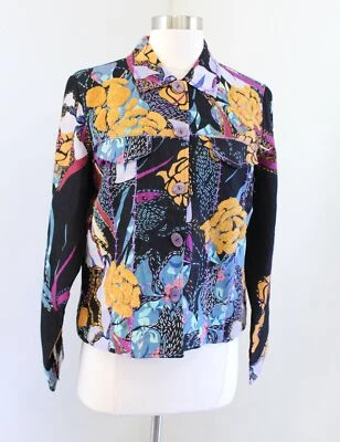 Sandy Starkman Embroidered Silk Printed Tapestry Jacket Sz m Black Yellow Floral - Image 1 of 4