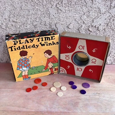 VTG PLAY TIME TIDDLEDY WINKS W3035 VIVID COLOR Cardboard Wood Game w Box 3 Play - Image 1 of 4