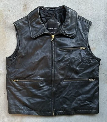 Chaleco De Colección Andrew Marc New York Cuero Forrado Negro 3 Bolsillos con Cremallera Cremallera Completa Talla L Foto 1 de 4