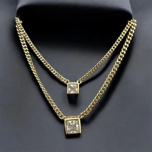 Collar de doble capa con bisel solitario cuadrado de acero inoxidable chapado en oro de 14K circonita cúbica - Imagen 1 de 12