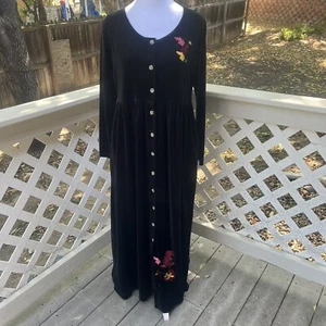 Vintage Velvet Maxi Dress M Black Long Sleeve Applique Goth 90s Witchy Grunge - Picture 1 of 14