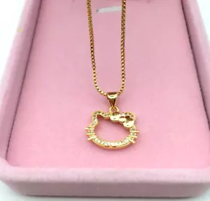 Cute Hello Kitty Cat Pendant Gold Pave Cubic Zirconia O-Chain Necklace - Picture 1 of 2
