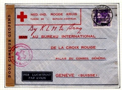 Cubierta de correo aéreo de las Indias Orientales Holandesas Segunda Guerra Mundial Java Cruz Roja 1941 Ginebra Via Bagdad DL47 - Imagen 1 de 4