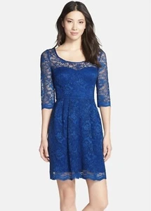 Betsey Johnson ~ Vestido de Fiesta Acampanado Azul Encaje Ilusión Yugo Manga 3/4 4 - Imagen 1 de 6