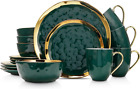 Porcelain 16 Piece Dinnerware Set, Service for 4, Green and Golden Rim