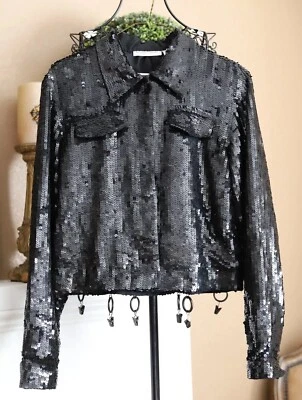 Chaqueta corta de lentejuelas negra para mujer talla 8 frontal a presión manga larga forrada fiesta’s Foto 1 de 4
