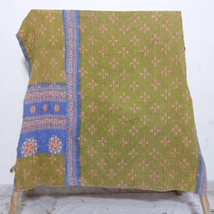 Trapuntino copriletto vintage verde Kantha indiano fatto a mano coperta cotone - Foto 1 di 2