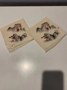 VINTAGE ANTIQUE LOT X 2  100% SILK PRINTED ON IVORY BACKGROUND POCKET SCARFS 11" - Picture 1 of 11