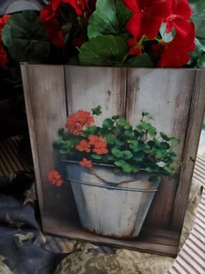 VINTAGE PRIMITIVE COLONIAL STYLE RED GERANIUM FLOWER GARDEN RUSTY BUCKET SIGN - Picture 1 of 11