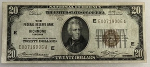 1929 $20 FEDERAL RESERVE BANK NOTE, E-RICHMOND VA, FR-1870E - VERY FINE & NICE! - Picture 1 of 2