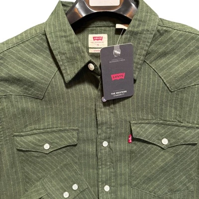 Levi's The Western Standard Fit Shirt Men's Small Olive Green Striped Soft Pearl - Image 1 of 4