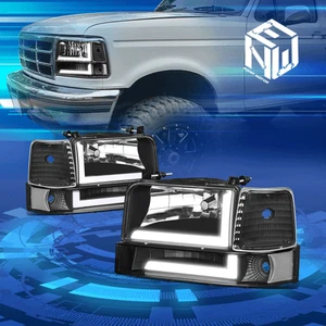 For 92-96 Ford F150-F350 Dual LED DRL Black/Clear Headlights Bumper Signal Lamps - Picture 1 of 7
